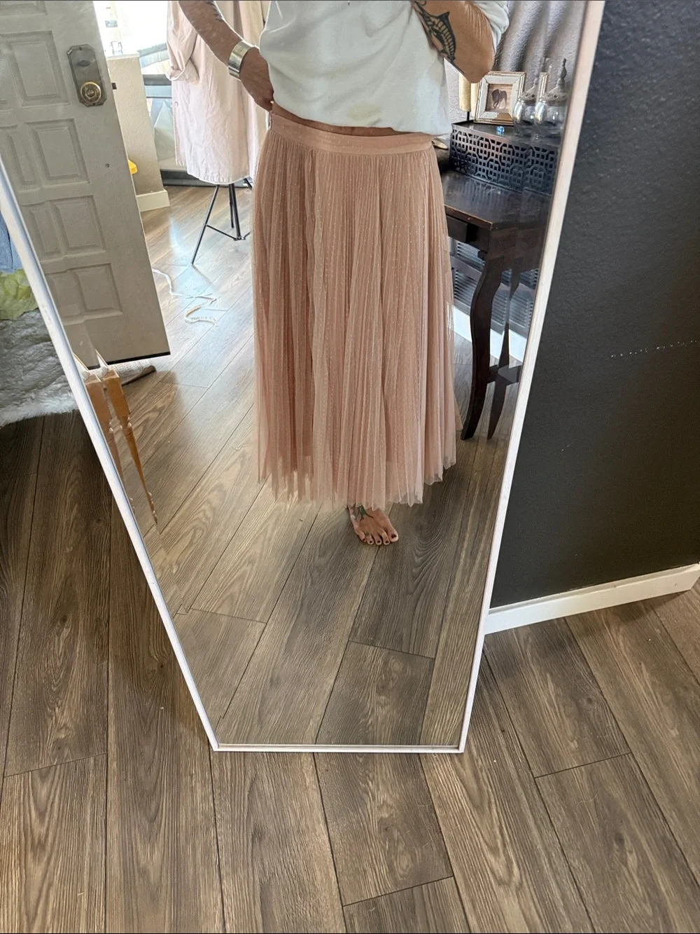 Midi Pleated Tulle Skirt in Dusty Pink